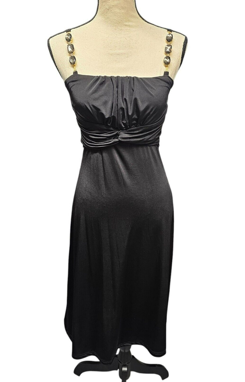 Vintage Y2K 90s Black Midi Dress Large Rhinestone Spaghetti Straps Slinky LBD